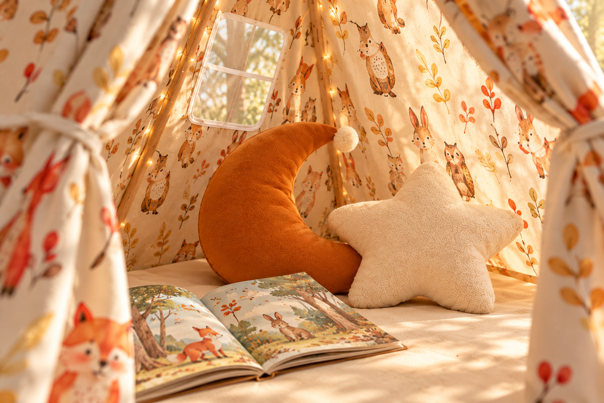 Vue à l’intérieur du tipi beige, avec les coussins lune et étoile et une lumière chaleureuse.