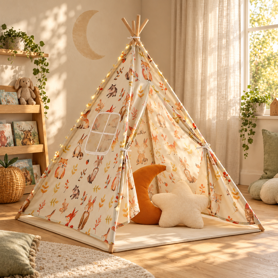 Tipi beige à motifs forêt dans une chambre lumineuse