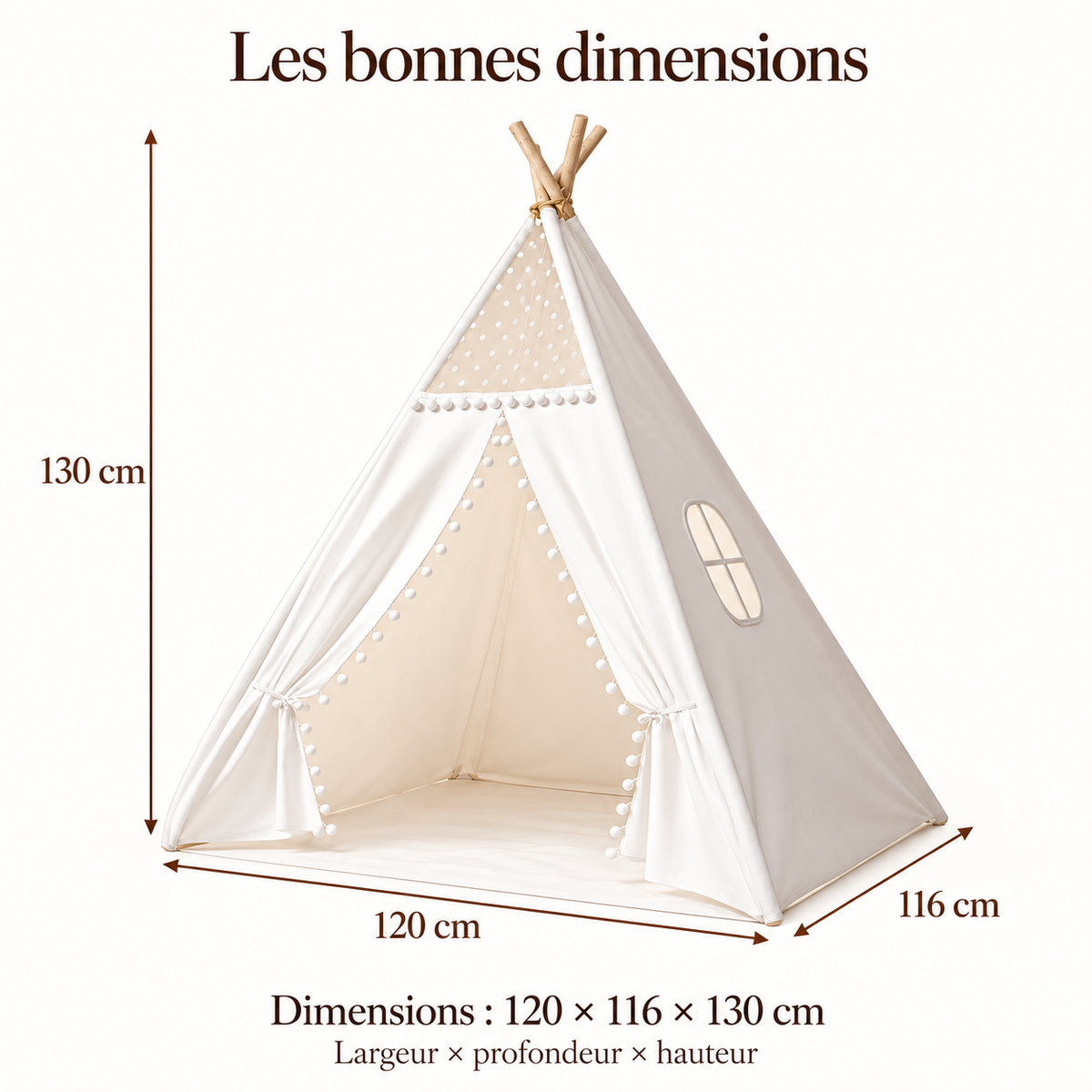 Tipi blanc — dimensions du produit : 120 × 116 × 130 cm