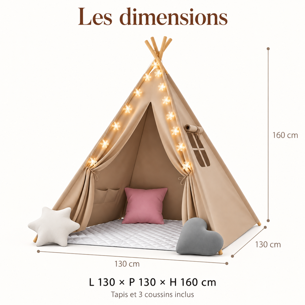 Tipi kaki — dimensions du produit : 130 × 130 × 160 cm