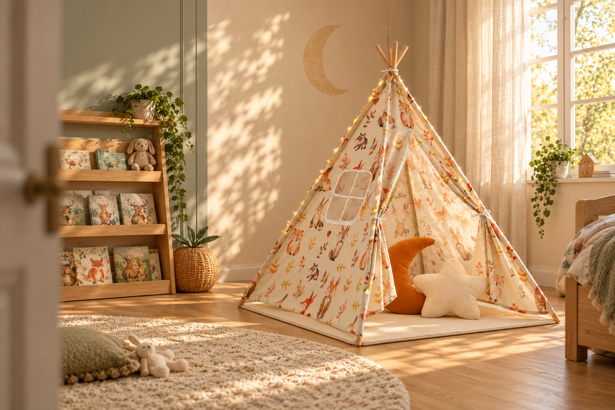 Une chambre aux tons sauge et un tipi beige à motifs animaux, avec ses coussins lune et étoile.