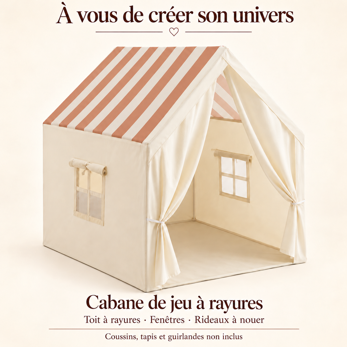 Cabane à rayures avec fenêtres et rideaux, vendue sans accessoires