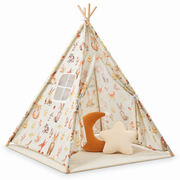 Tipi beige à motifs animaux de la forêt, tapis, coussins lune et étoile, fond blanc