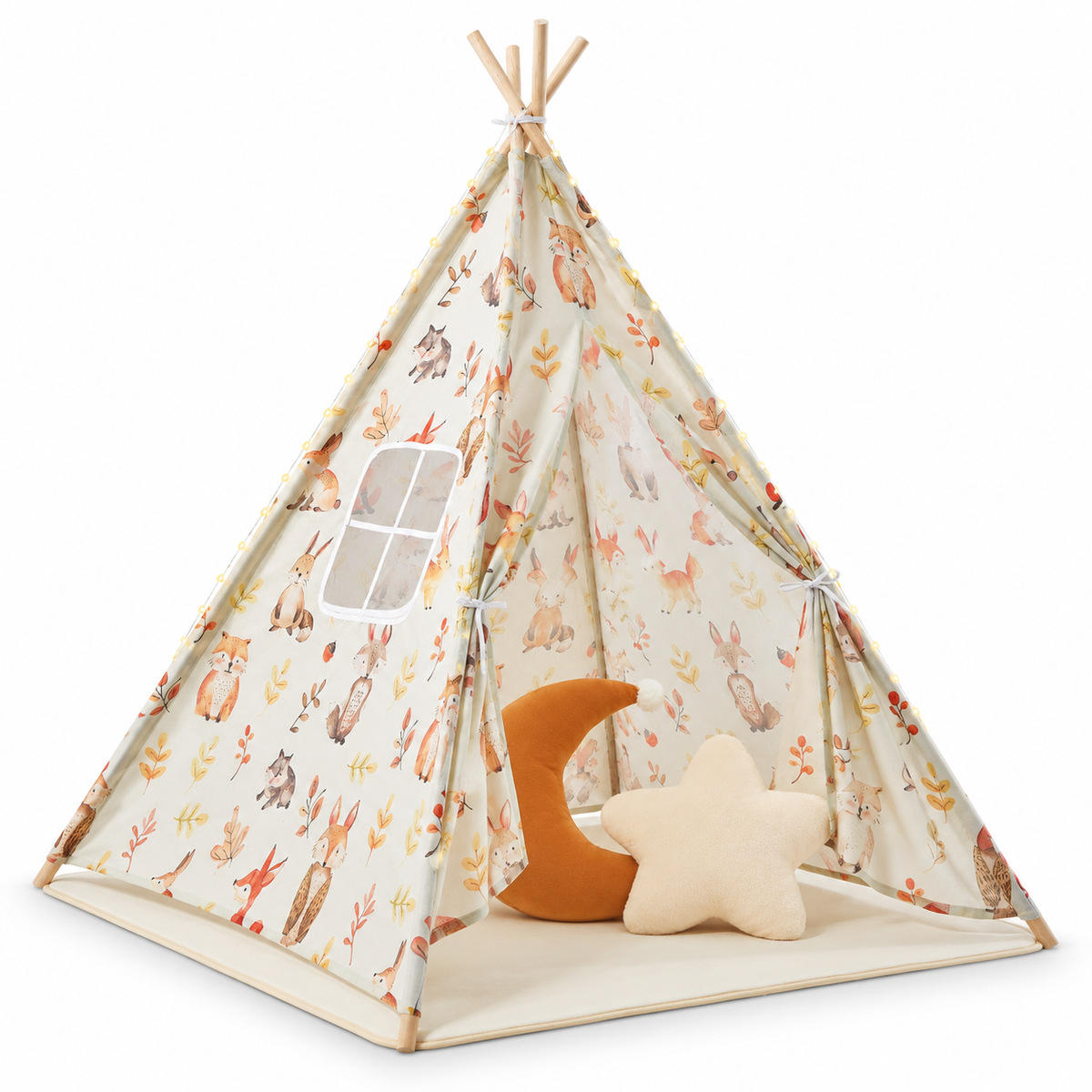 Tipi beige à motifs animaux de la forêt, tapis, coussins lune et étoile, fond blanc