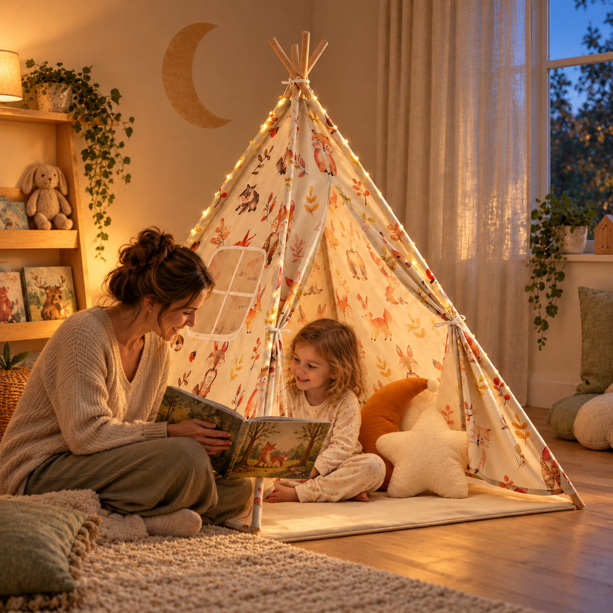Lecture du soir dans le tipi beige avec guirlande LED