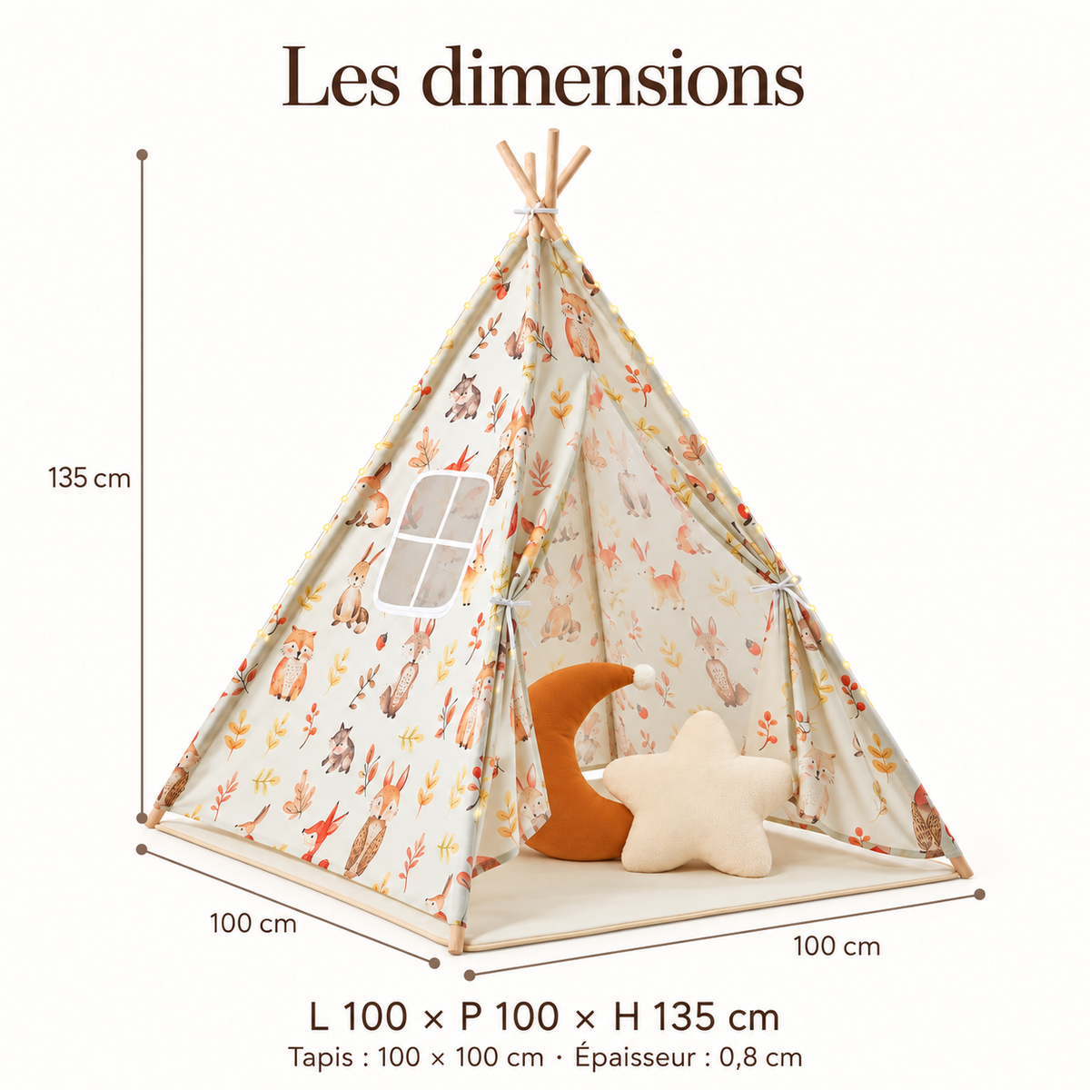 Dimensions du tipi beige : 100 × 100 × 135 cm
