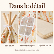Détails du tipi beige : bois de pin, fenêtre et tapis de 0,8 cm