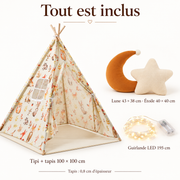 Contenu du kit tipi beige : tapis, deux coussins et guirlande LED