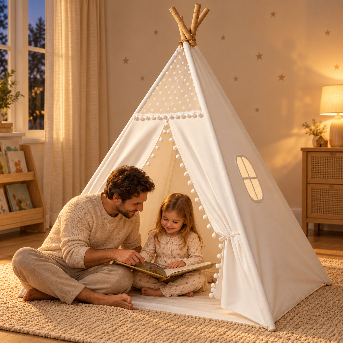 Tipi blanc — en scène de lecture du soir