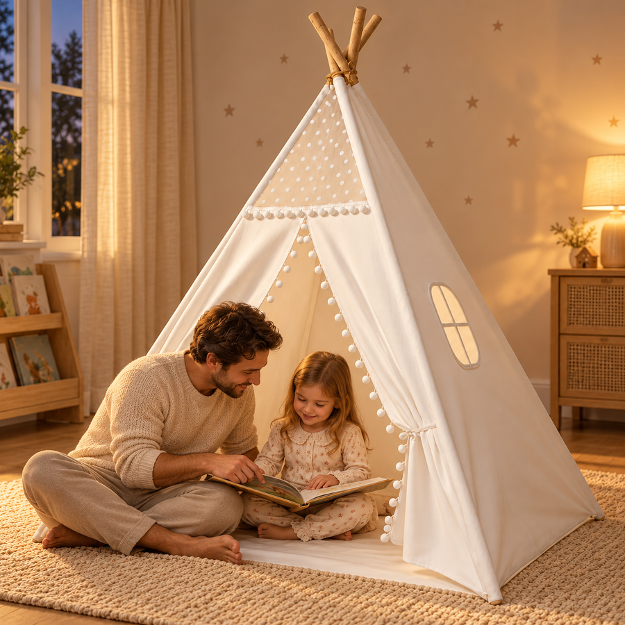 Tipi blanc — en scène de lecture du soir