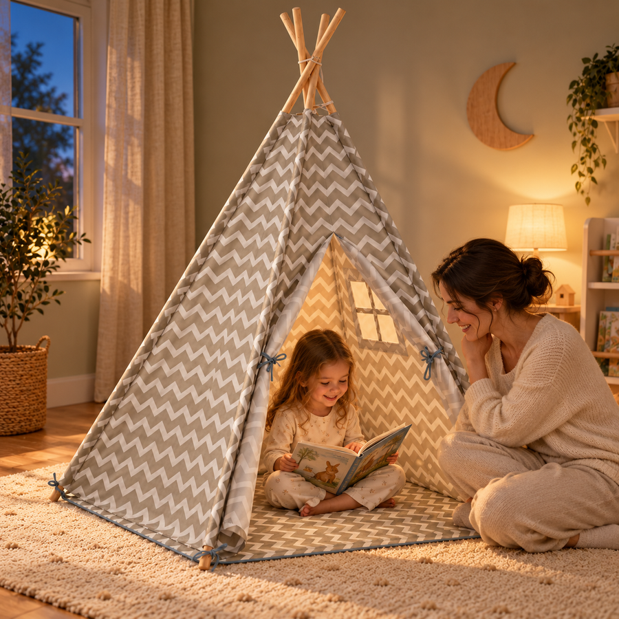 Tipi chevron — en scène de lecture du soir