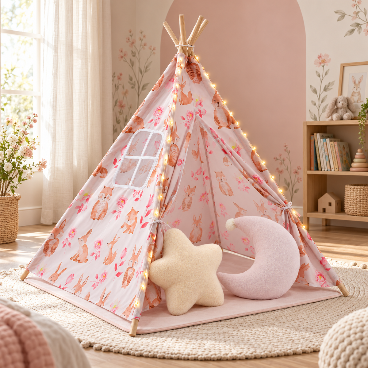 Tipi rose dans une chambre d’enfant lumineuse