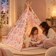 Lecture du soir dans le tipi rose avec guirlande LED