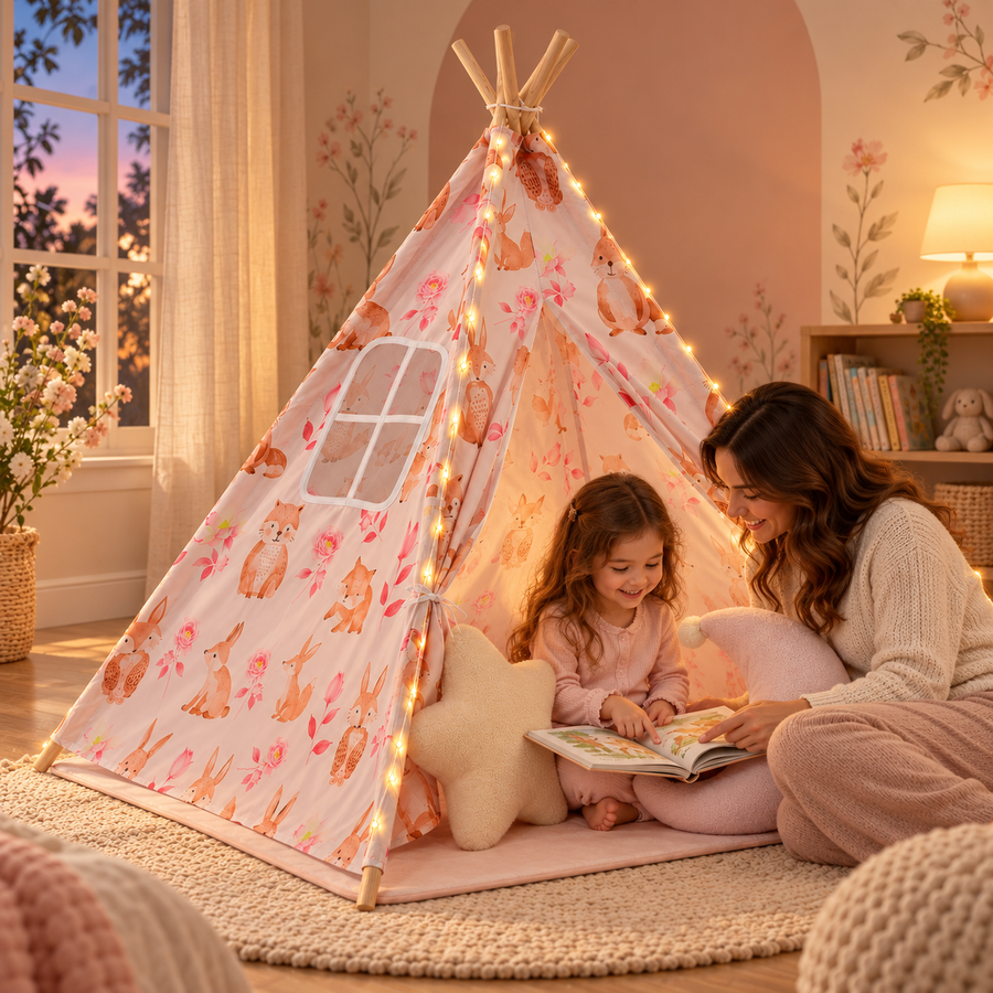 Lecture du soir dans le tipi rose avec guirlande LED