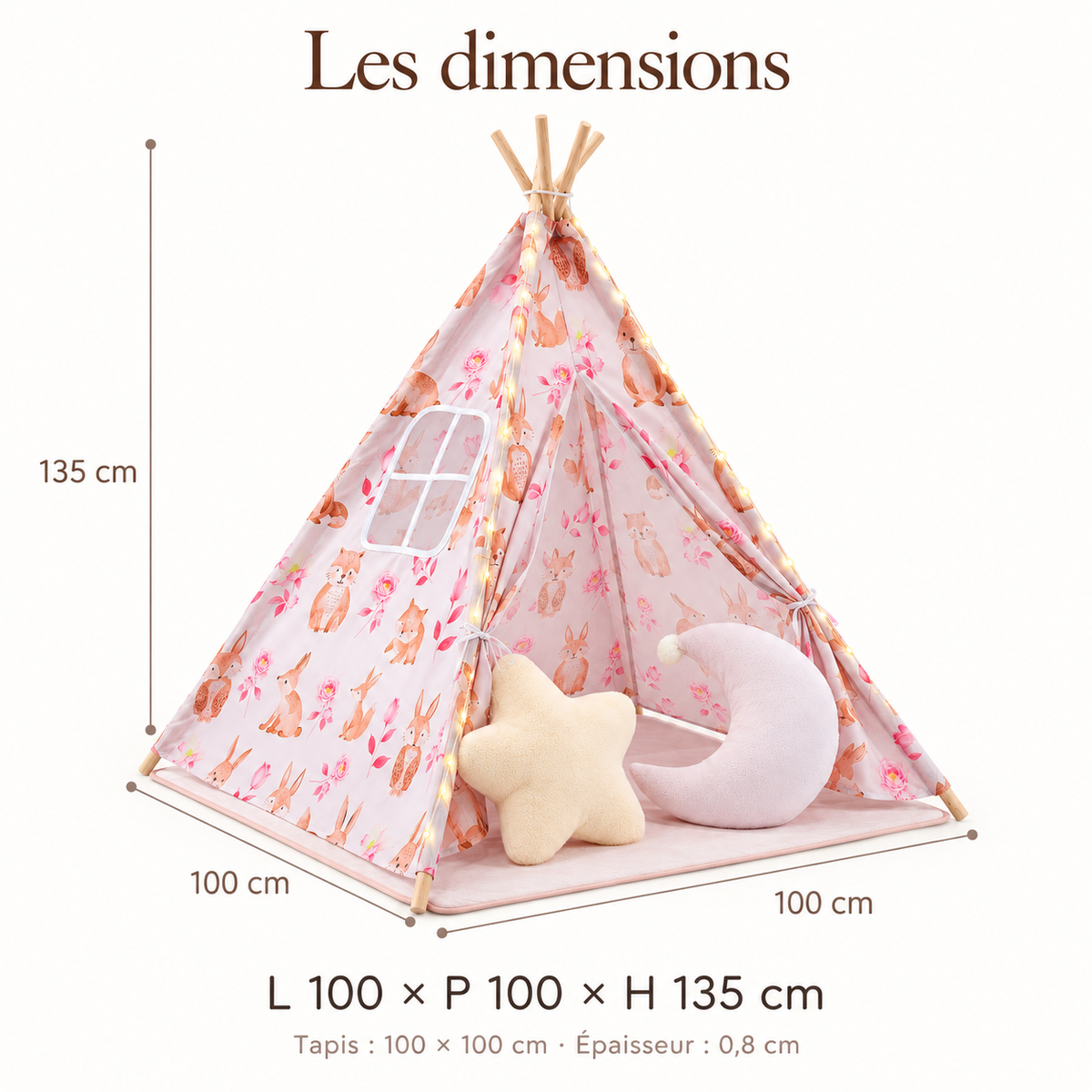 Dimensions du tipi rose : 100 × 100 × 135 cm