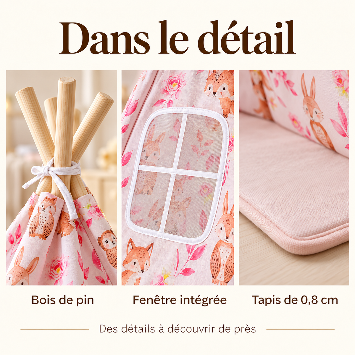 Détails du tipi rose : pin, fenêtre et tapis de 0,8 cm