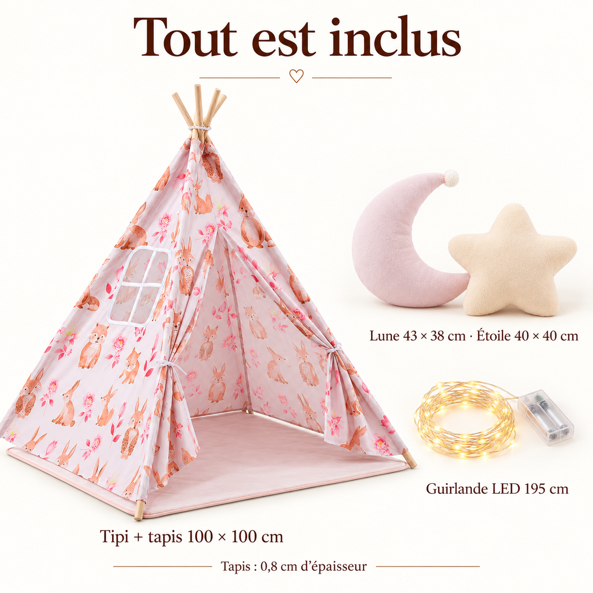 Contenu du kit tipi rose avec tapis, deux coussins et guirlande